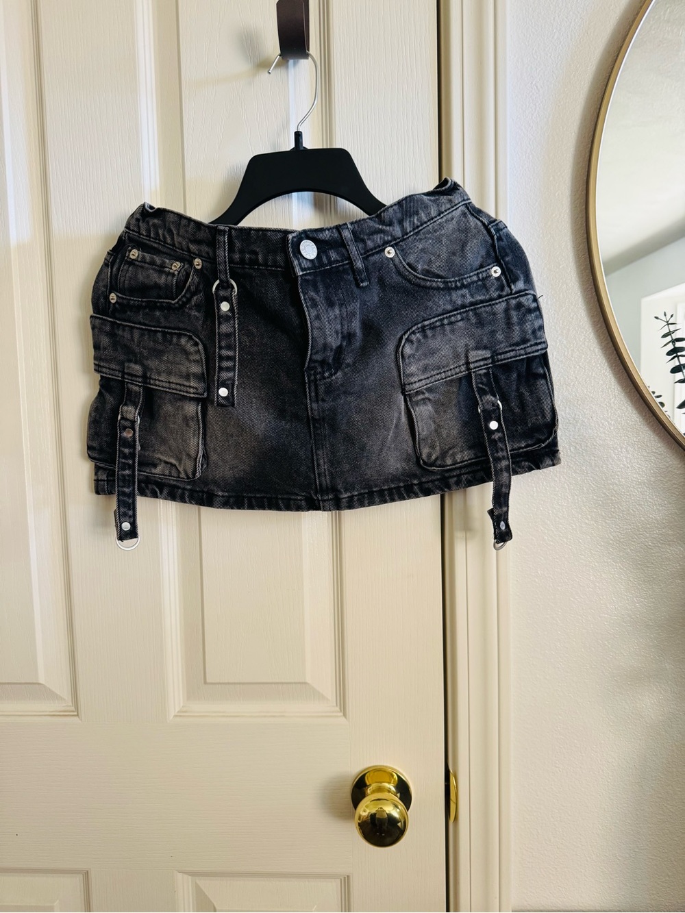 J for Justify Black Washed Denim Mini Skirt with Cargo Details